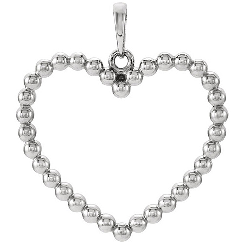 14k White Gold Beaded Heart Pendant 7/8in