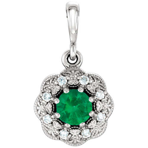 14kt White Gold 1/4 ct Emerald Vintage Halo Pendant with Diamonds