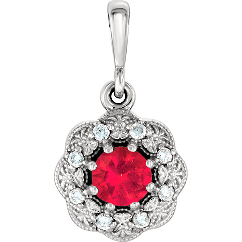 14kt White Gold 1/3 ct Ruby Vintage Style Halo Pendant with Diamonds