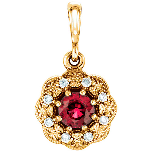 14kt Yellow Gold 1/3 ct Ruby Halo Pendant with Diamond Accents