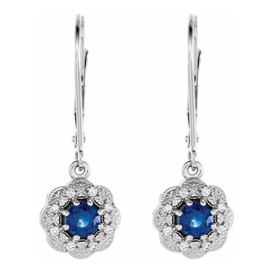 14k White Gold 3/4 ct Blue Sapphire Vintage Style Halo Leverback Earrings