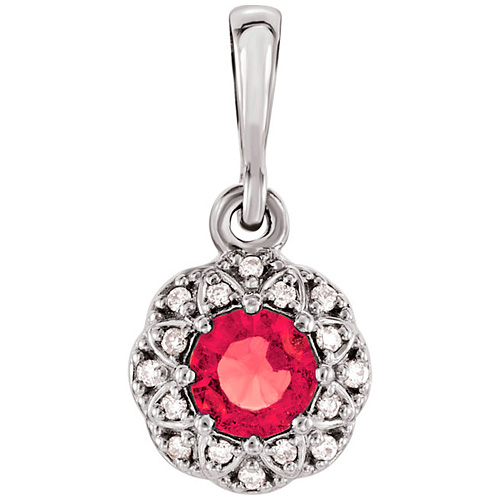 14kt White Gold 1/3 ct Ruby Petite Halo Pendant with Diamond Accents