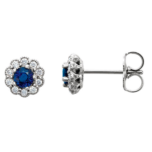 14kt White Gold 1/3 ct Blue Sapphire Vintage Style Halo Stud Earrings