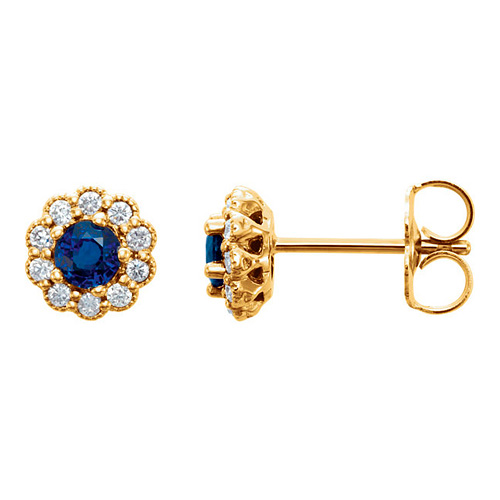 14kt Yellow Gold 1/3 ct Blue Sapphire Vintage Style Halo Stud Earrings