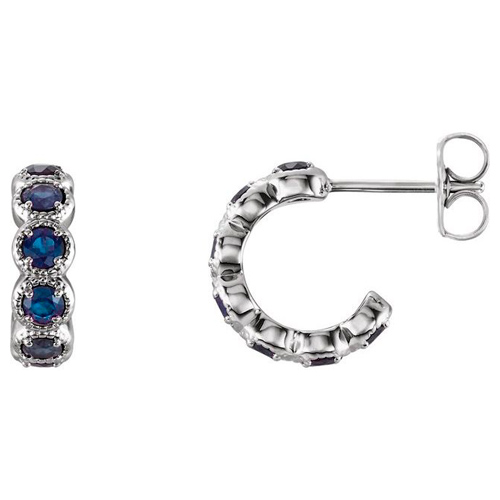 14k White Gold Lab Grown Blue Sapphire Huggie Earrings