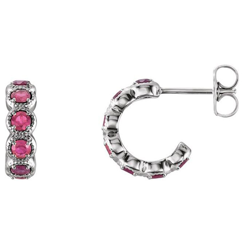 14k White Gold Pink Tourmaline Huggie Earrings