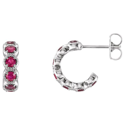 14k White Gold Created Ruby Huggie Earrings