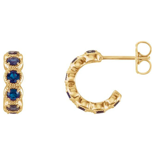 14k Yellow Gold Lab Grown Blue Sapphire Huggie Earrings