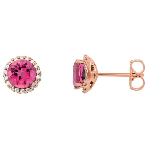 14k Rose Gold 1.1 ct tw Pink Tourmaline and Diamond Halo Earrings