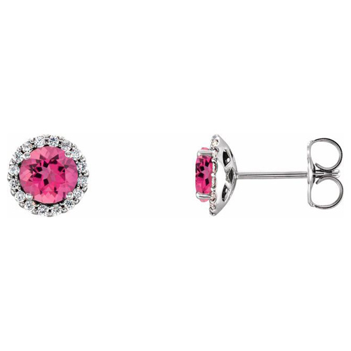 14k White Gold 1.1 ct tw Pink Tourmaline and Diamond Halo Earrings