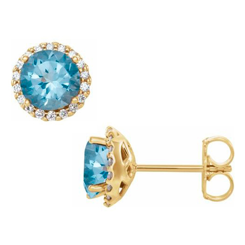 14k Yellow Gold 1 1/2 ct Aquamarine with Diamonds Halo Earrings