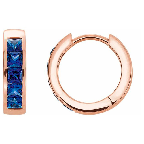14k Rose Gold Created Princess Cut Blue Sapphire Hoop Earrings 