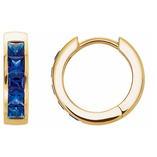 14k Yellow Gold Created Princess Cut Blue Sapphire Hoop Earrings 