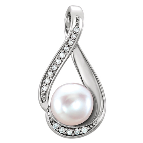 14k White Gold 6mm Freshwater Cultured Pearl and Diamond Ribbon Pendant