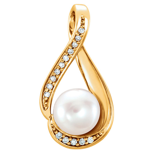 14k Yellow Gold 6mm Freshwater Cultured Pearl and Diamond Ribbon Pendant