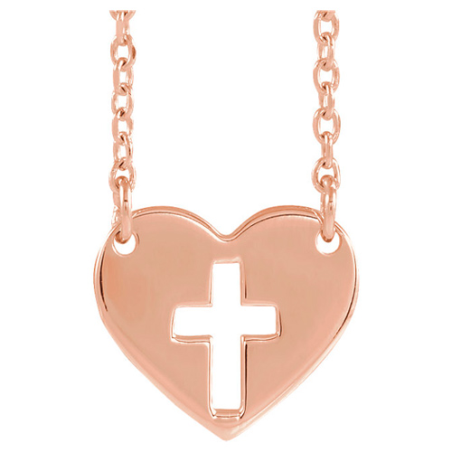 14k Rose Gold Pierced Cross Heart Necklace