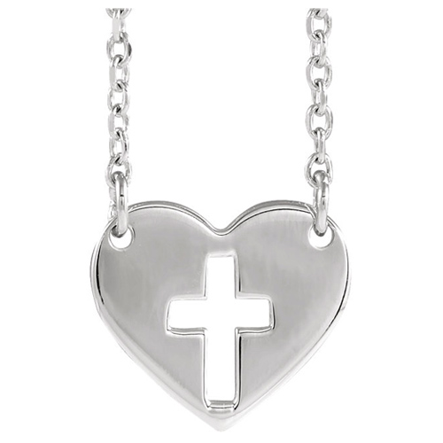 14k White Gold Pierced Cross Heart Necklace
