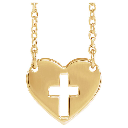 14k Yellow Gold Pierced Cross Heart Necklace