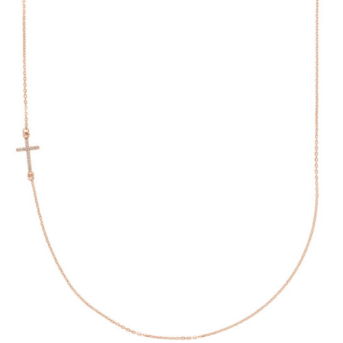 14k Rose Gold .05 ct Diamond Offset Sideways Cross Necklace