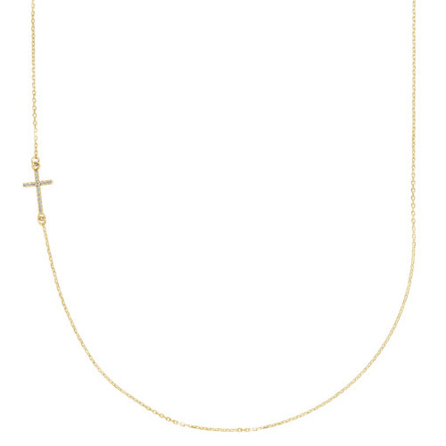 14k Yellow Gold .05 ct Diamond Offset Sideways Cross Necklace