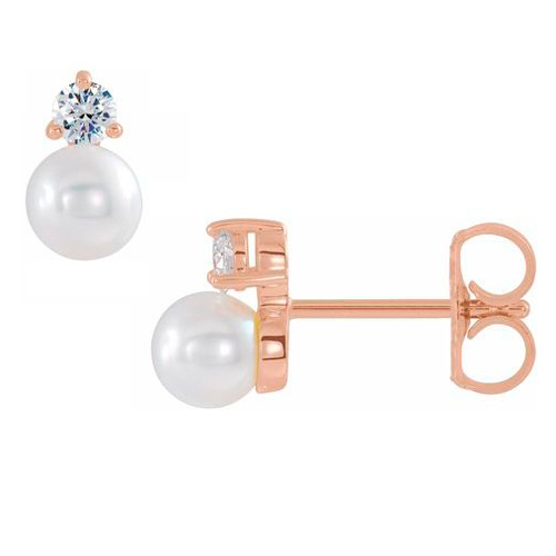 14k Rose Gold 4mm Freshwater Cultured Pearl and Diamond Earrings