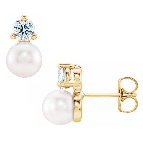 14k Yellow Gold 4mm Freshwater Cultured Pearl and Diamond Earrings