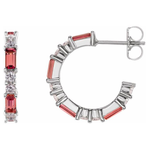 14k White Gold Baguette Cut Pink Tourmaline and 1/2 ct tw Diamond Hoop Earrings