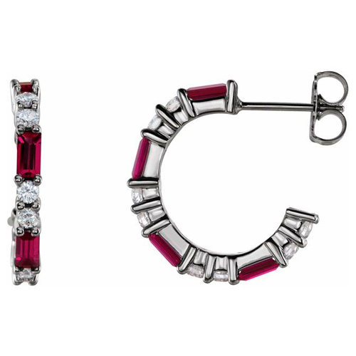 14k White Gold Baguette Cut Ruby and 1/2 ct tw Diamond Hoop Earrings