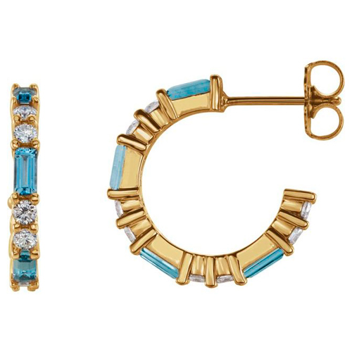 14k Yellow Gold Baguette Aquamarine and 1/2 ct tw Diamond Hoop Earrings