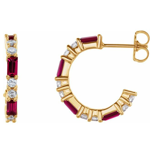 14k Yellow Gold Baguette Cut Ruby and 1/2 ct tw Diamond Hoop Earrings