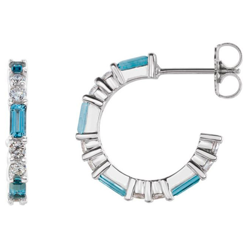 14k White Gold Baguette Aquamarine and 1/2 ct tw Diamond Hoop Earrings