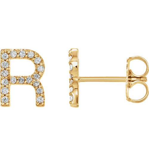 14k Yellow Gold Diamond Initial R Earring