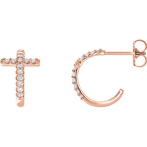 14k Rose Gold 1/4 ct tw Diamond Cross J-Hoop Earrings JJ86808R
