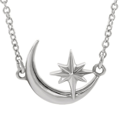 14k White Gold Crescent Moon and Star Necklace