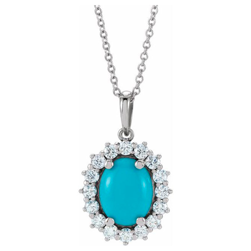 14k White Gold Turquoise Diamond Halo Necklace