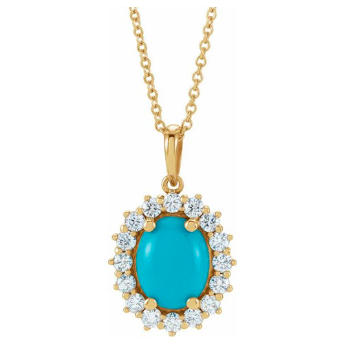 14k Yellow Gold Turquoise Diamond Halo Necklace