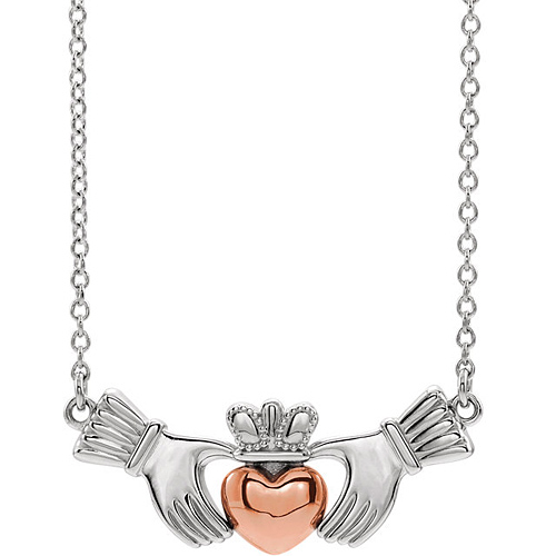 14k White and Rose Gold Polished Claddagh Necklace 18in