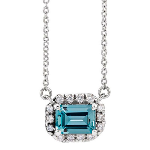 14k White Gold Emeraldcut Aquamarine & 1/8 ct tw Diamond Necklace