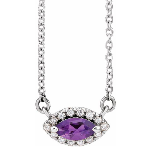 14k White Gold Marquise-cut Amethyst & Diamond Halo Necklace