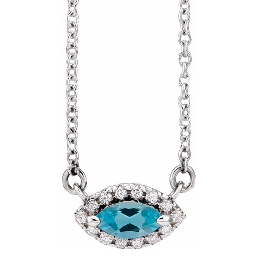 14k White Gold Marquise-cut Aquamarine & Halo Diamond Necklace