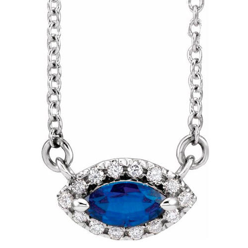14k White Gold Marquise-cut Blue Sapphire & Halo Diamond Necklace