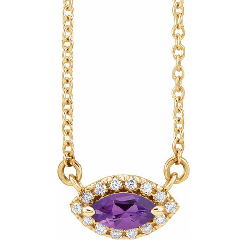 14k Yellow Gold Marquise-cut Amethyst & Diamond Halo Necklace