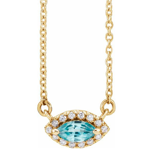 14k Yellow Gold Marquise-cut Aquamarine & Halo Diamond Necklace