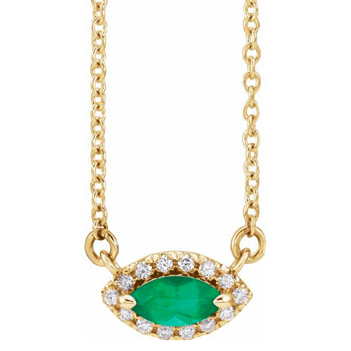 14k Yellow Gold Marquise-cut Emerald & Diamond Halo Necklace