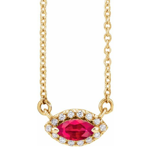 14k Yellow Gold Marquise-cut Ruby & Diamond Halo Necklace