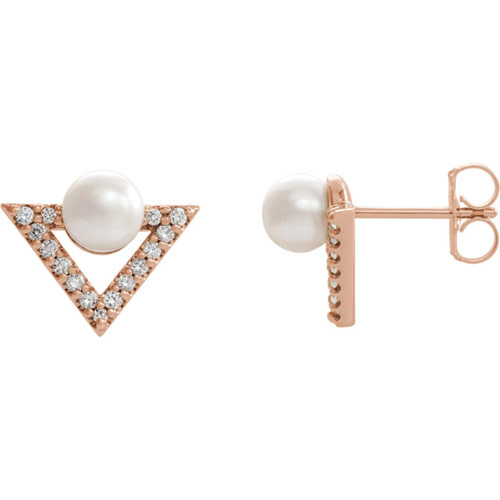 14k Rose Gold Freshwater Cultured Pearl and Diamond Triangle Earrings