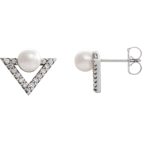14k White Gold Freshwater Cultured Pearl and Diamond Triangle Earrings