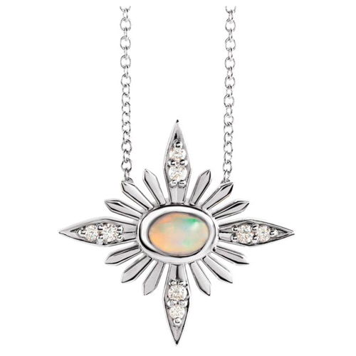 14k White Gold Ethiopian Opal & .08 ct tw Diamond Celestial Necklace