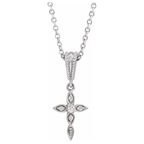 14k White Gold .03 ct tw Diamond Vintage-Inspired Cross Necklace