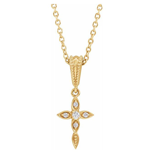 14k Yellow Gold .03 ct tw Diamond Vintage-Inspired Cross Necklace